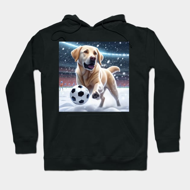 A Labrador Dog Playing Soccer/Football In The Snow Hoodie by Musical Art By Andrew